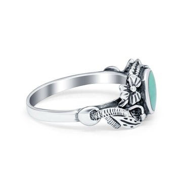 Oxidized Finish Flower Oval Round Simulated Turquoise Ring 925 Sterling Silver